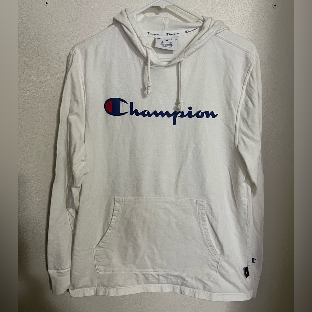 CHAMPION Classic Hooded Long Sleeve Athletic T Shirt White Blue Red Mens Size M‎